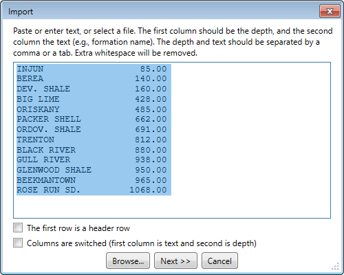 The import dialog after pasting