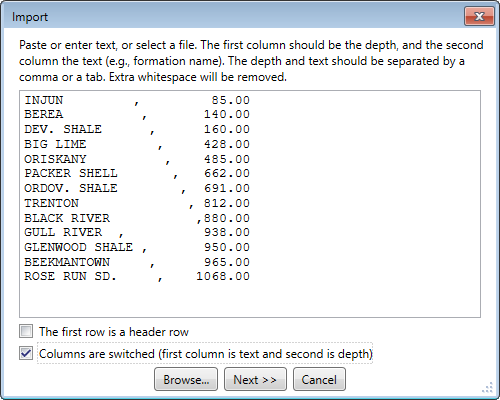 The import dialog after entering commas