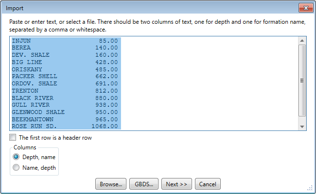 The import dialog after pasting