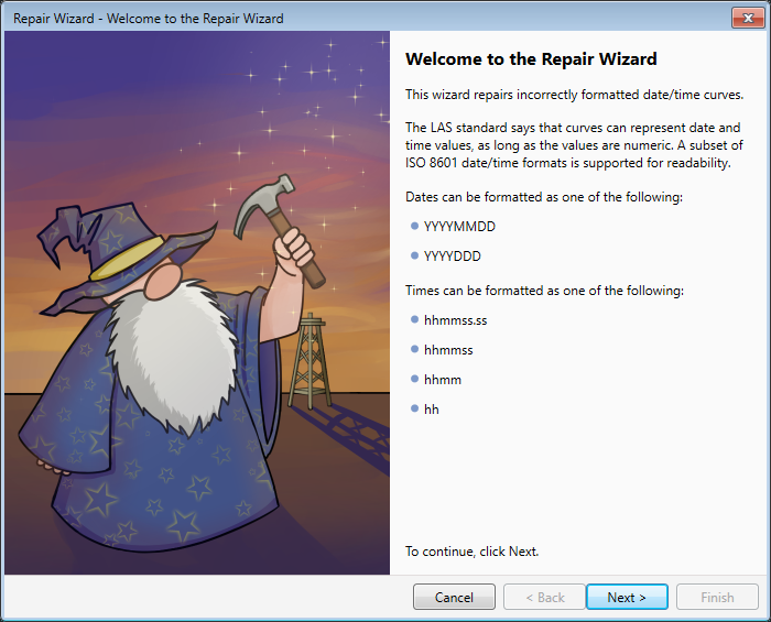 The first page of the Date/Time Repair Wizard