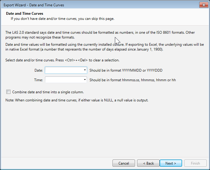 The Date and Time Curves page of the Export Wizard