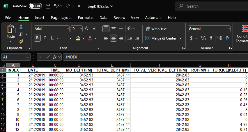 The results of exporting an LAS file to Excel