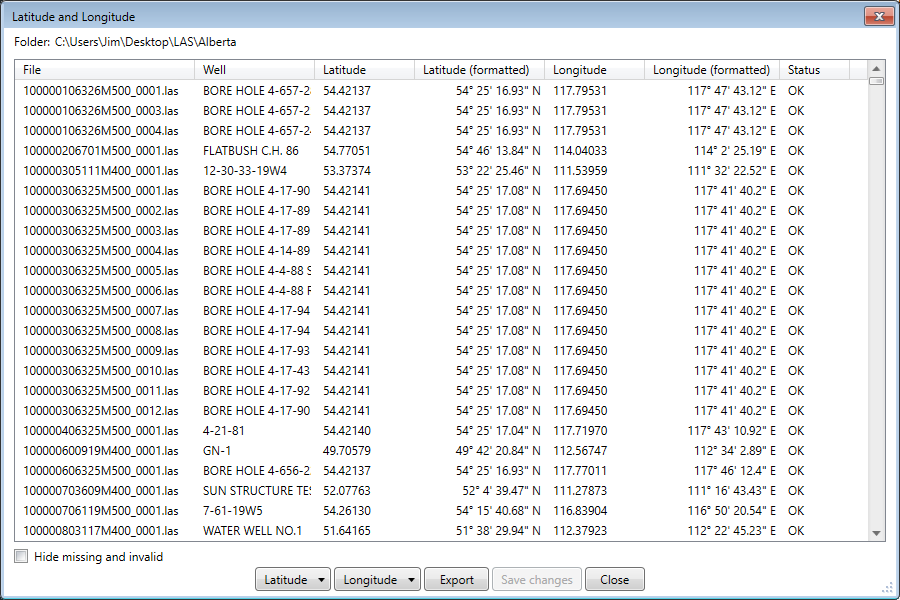 Latitude and longitude values for all files in the folder