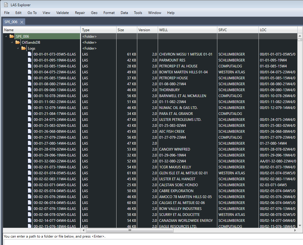 Explorer interface for multiple LAS files